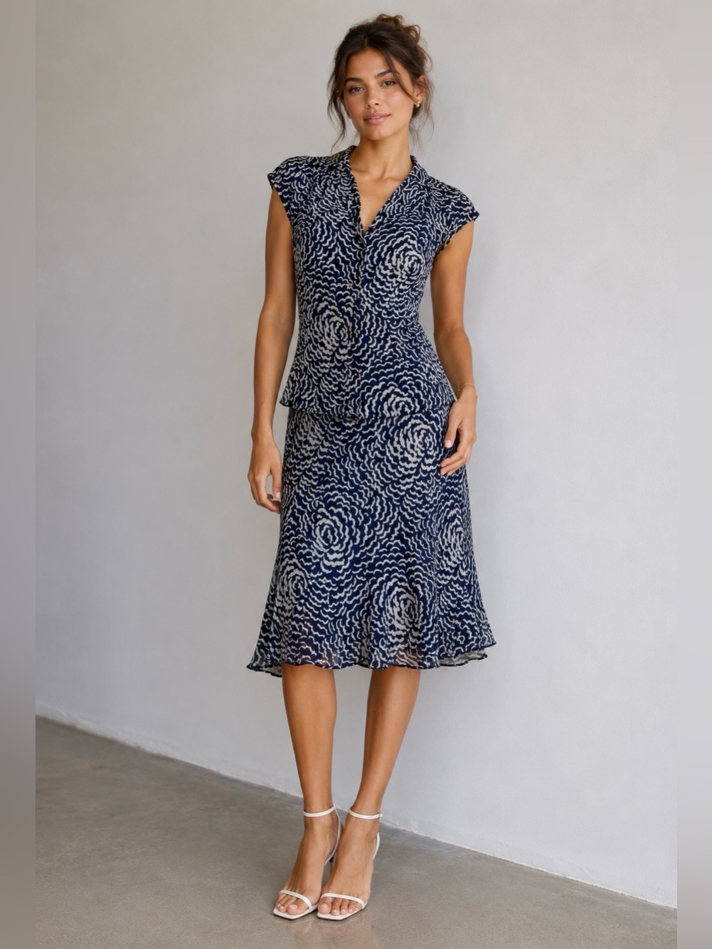 2-Piece Set Norma Kamali Silk  Swirl Print Cap-Sleeve Dress & Blouse